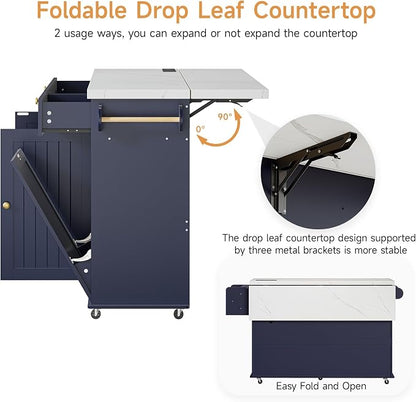 ONBRILL 60" Kitchen Island with Power Outlet & Drop Leaf, Rolling Island with Spice Rack & Towel Rack, Kitchen Island Cart with Trash Storage Cabinet, Island Table for Kitchen, Blue+Imitation Marble