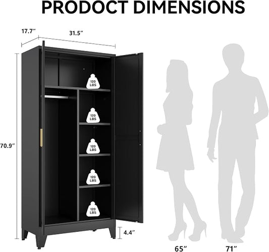 COFaR Black Metal Wardrobe Closet, Reversible 2-Section Design with Hanging Rod & Adjustable Shelves, 71" Freestanding Armoire Cabinet with Top Storage Space