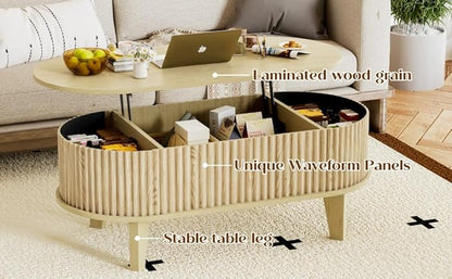 Oval Coffee Table with Lifting Top, 41" Fluted Coffee Table with Storage for Living Room or Home Office, Oak
