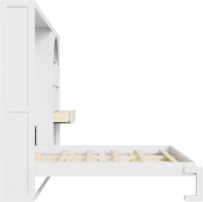 Merax Wood Multi-Functional Murphy Bed with Cabinets & a Drawer,White+Black | Queen Size Farmhouse Foldable Wall Bed with Upholstered Headboard / No Box Spring Needed / Space Saving