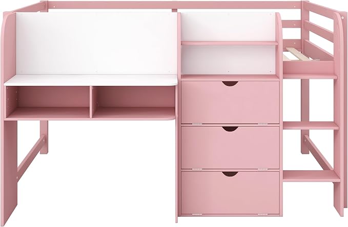 Bellemave Full Size Low loft Bed for Kids,Wood Modern Farmhouse Full Loft Bed with Desk, Storage Cabinets,Bookcase, No Box Spring Needed, Pink