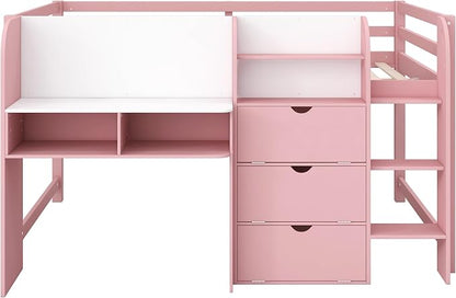 Bellemave Full Size Low loft Bed for Kids,Wood Modern Farmhouse Full Loft Bed with Desk, Storage Cabinets,Bookcase, No Box Spring Needed, Pink