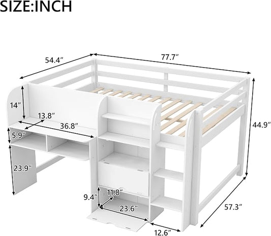 Bellemave Full Size Low loft Bed with Desk, for Kids,Wood Modern Farmhouse Full Loft Bed with Storage Cabinets,Bookcase, No Box Spring Needed, White