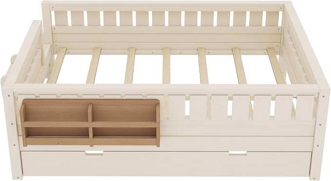 Bellemave Full Kids Montessori Bed with Stairs, Bookshelf and Trundle, Solid Wood Kids Bed Frame with Storage for Boys Girls, Low Profile,Beige