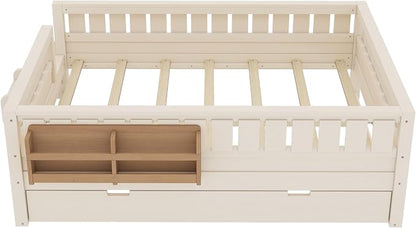 Bellemave Full Kids Montessori Bed with Stairs, Bookshelf and Trundle, Solid Wood Kids Bed Frame with Storage for Boys Girls, Low Profile,Beige