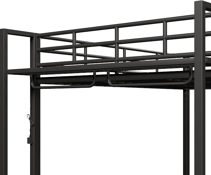 Bellemave Queen Over Queen Bunk beds, Metal Bunk Bed with Shelf and Guardrails,Queen Bunk beds with Storage Mesh Shelves and Clothes Hooks for Kids, Teens & Adults（Black）
