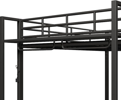 Bellemave Queen Over Queen Bunk beds, Metal Bunk Bed with Shelf and Guardrails,Queen Bunk beds with Storage Mesh Shelves and Clothes Hooks for Kids, Teens & Adults（Black）