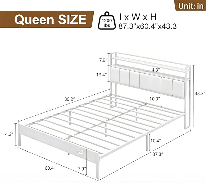 Queen Size Bed Frame with Upholstered Headboard and 2-Tier Storage Shelves | Metal / Charging Station / LED Lights / Under Bed Storage / Non-slip/ Noise Free / No Box Spring Needed / White