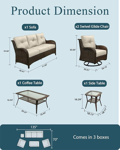 Patio Furniture Set, 5PCS Outdoor Wicker Conversation Set with 6" Thick Cushions, High Back Rattan Sofa & Swivel Rocker Chairs, Weather Resistant Olefin Fabric for Garden, Poolside, Beige