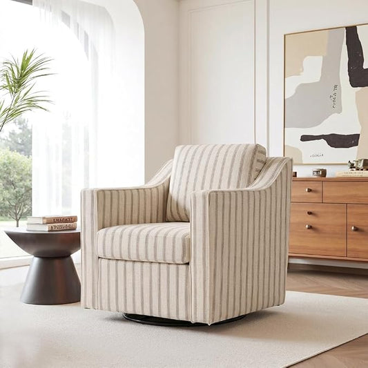 Swivel Accent Chair, 360° Swivel Upholstered Club Armchairs for Living Room, Comfy Fabric Single Sofa Reading Chair with Deep Seat, Metal Swivel Base, Pinstripe Light Brown