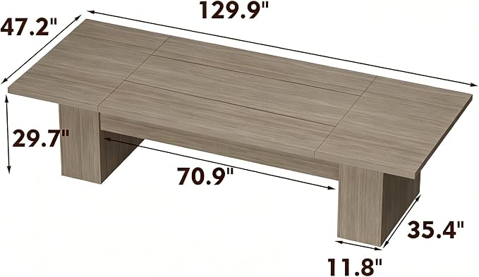 130" W Extra Large Conference Desk Table for 8-10 Persons, Modern Office Work Desk with Sturdy Pedestal Base, Long Rectangular Executive Study Table for Office, Living Room, Gray Oak