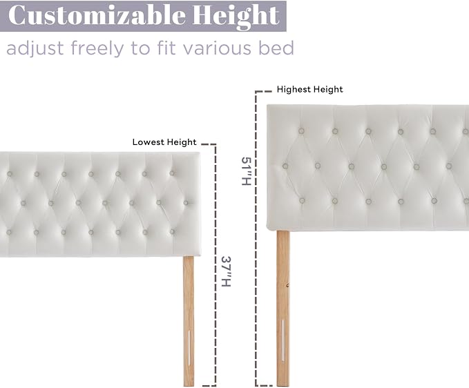Tufted Upholstered Queen Size Bed Headboard in Modern Button Design, Adjustable Solid Wood Head Board, Premium Velvet Fabric Padded Headboards in Bedroom (White)