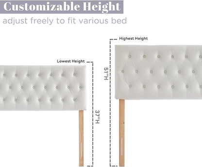 Tufted Upholstered Queen Size Bed Headboard in Modern Button Design, Adjustable Solid Wood Head Board, Premium Velvet Fabric Padded Headboards in Bedroom (White)