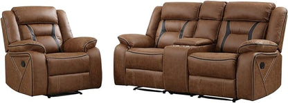 EBELLO Manual Recliner Sofa Set, Faux Leather Reclining Living Room Furniture Set, Included Single Recliner Chair and Manual Loveseat Sofa, Brown