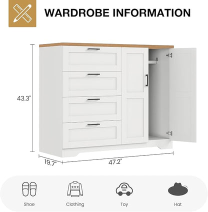 GarveeHome Multifunctional Wooden Dresser for Bedroom, 43.3 in H 2 Door Wardrobe Armoire Closet with 4 Drawers and Hanging Rod, Low Storage Cabinet for Hanging Cloth, White