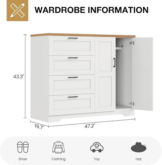 GarveeHome Multifunctional Wooden Dresser for Bedroom, 43.3 in H 2 Door Wardrobe Armoire Closet with 4 Drawers and Hanging Rod, Low Storage Cabinet for Hanging Cloth, White
