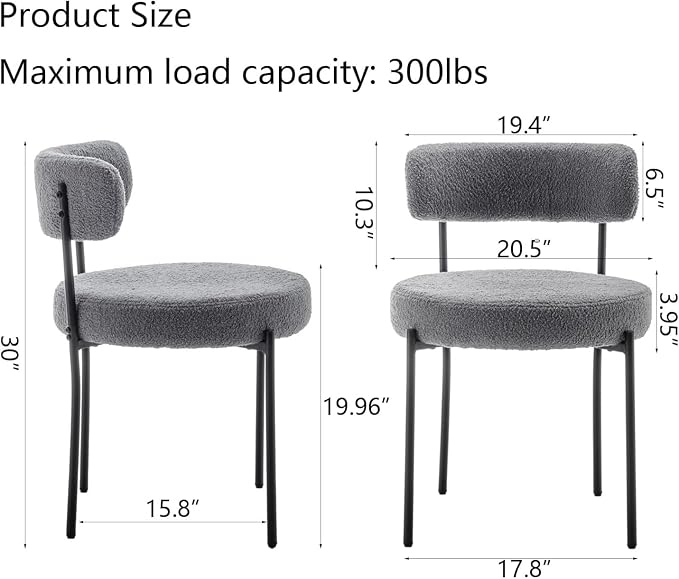 Cinxzar Grey Boucle Dining Chairs Set of 6, Upholstered Dining Room Chairs with Black Metal Legs, Round Modern Dining Chair for Dining Room, Kitchen