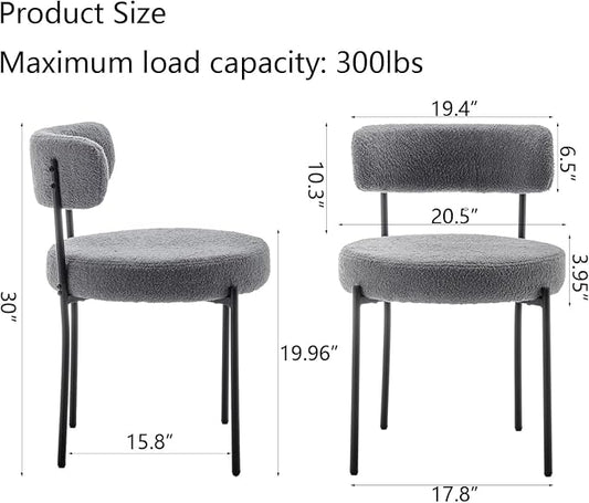 Cinxzar Grey Boucle Dining Chairs Set of 6, Upholstered Dining Room Chairs with Black Metal Legs, Round Modern Dining Chair for Dining Room, Kitchen