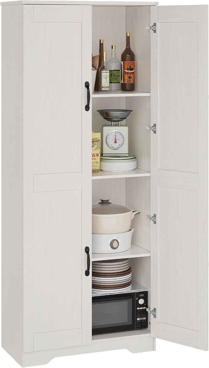 IDEALHOUSE Tall Pantry Cabinet, 60" Kitchen Pantry Storage Cabinet with 2 Doors and Adjustable Shelves, Freestanding Kitchen Cabinet, Cupboard for Dining Room, Bathroom (White)