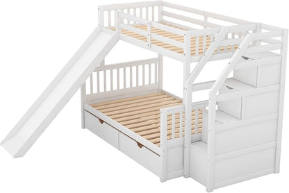 RUNNA Twin Over Full Bunk Bed with Slide,Storage Drawers,Play House, White | Twin over full bunk bed with slide,storage,ladder,play house design,solid wood frame,guardrails,no box spring needed,White