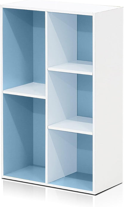 Furinno LUDER Book Shelf, 5-Cube Bookshelf, Reversible Bookcase, 9.4 x 19.5 x 31.5, Easy Assembly, for Living Room, Bedroom, Home Office, White/Light Blue
