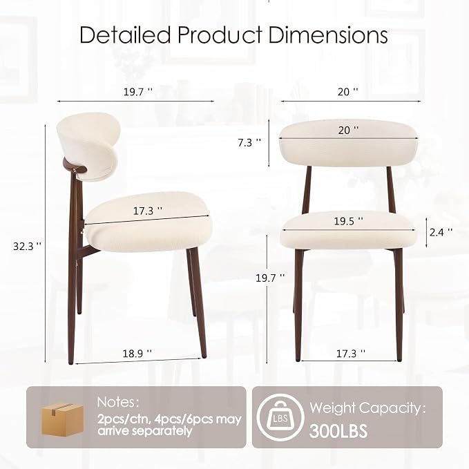 Furniliving Mid Century Modern Dining Chairs Set of 2, 300 lbs Capacity Upholstered Chenille Kitchen Chairs with Walnut Grain Metal Legs and Ergonomic Curved Back, Beige(Walnut/Chenille)