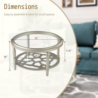SUNBURY Glass Coffee Table, 32" Round Coffee Table, Glass Side Table, Lightweight Accent End Table for Living Room, Bedroom, Dinning