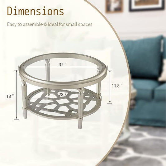 SUNBURY Glass Coffee Table, 32" Round Coffee Table, Glass Side Table, Lightweight Accent End Table for Living Room, Bedroom, Dinning