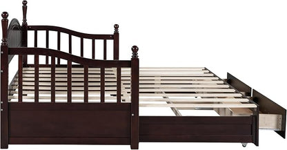 Merax Modern Wood Daybed with Pop Up Trundle Twin to King Extendable Sofa Bed Frame for Kids Teens Adults/No Box Spring Needed Espresso