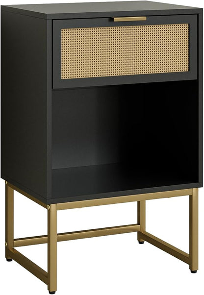 Masupu Rattan Nightstand,Modern Night Stand Boho Farmhouse Wood Bedside Table with Storage Drawer Side End Table for Bedroom, Office,Black