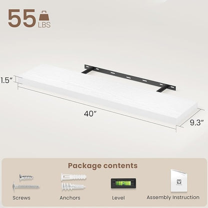 Vivelove White Floating Shelves 40 Inches Long, Wall Display Shelves with Invisible Brackets, for Bathroom Living Room Kitchen Bedroom Office Farmhouse Home Decor, 40x9.3X 1.5 - Set of 2, White