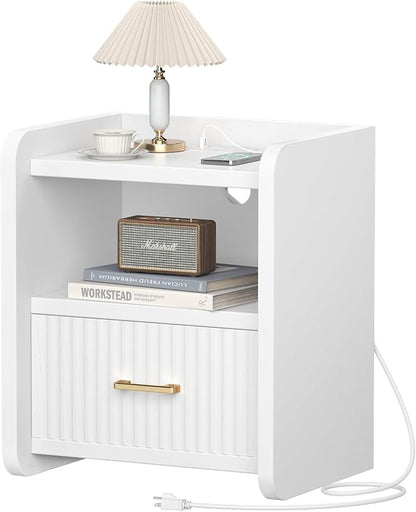 Night Stand with Charger Station - Modern Wood Nightstand with Drawer Storage, Fluted Wide Nightstands Bedside Table, Mid Century Night Stands for Bedroom Home Office Sofa, White