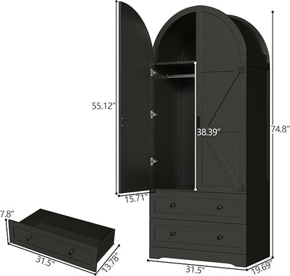 Black Armoire Wardrobe Closet,Wooden Wardrobe with 2 Doors and 2 Drawers,Bedroom Freestanding Armoire Storage Cabinet with Hanging Rack,Wardrobe Storage with with Hanging Rod for Bedroom, Cloak Room