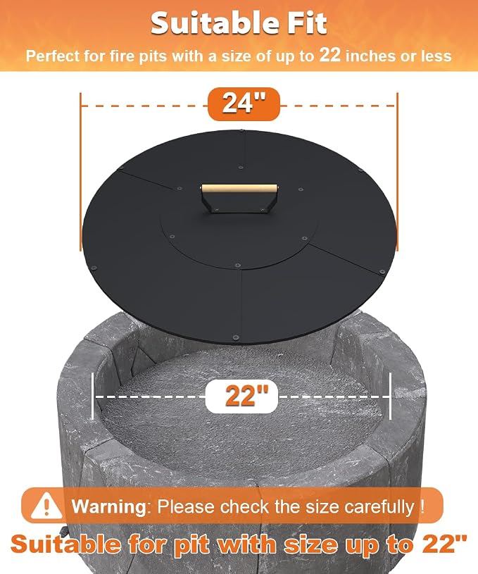 24" Wooden-Handle Fire Pit Lid for Pits up to 22", Round Metal Bonfire Pit Burner Pan Cover, Smokeless Fire Pit Cover for Fire Tables, All-Weather Resistance Outdoor Firepit Accessory
