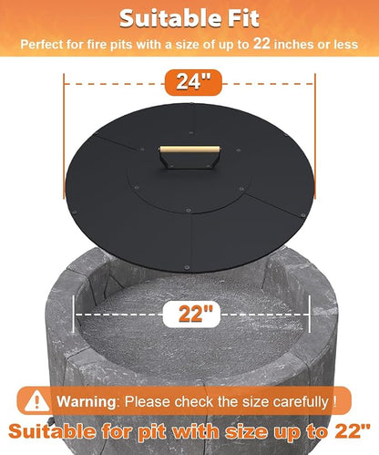 24" Wooden-Handle Fire Pit Lid for Pits up to 22", Round Metal Bonfire Pit Burner Pan Cover, Smokeless Fire Pit Cover for Fire Tables, All-Weather Resistance Outdoor Firepit Accessory