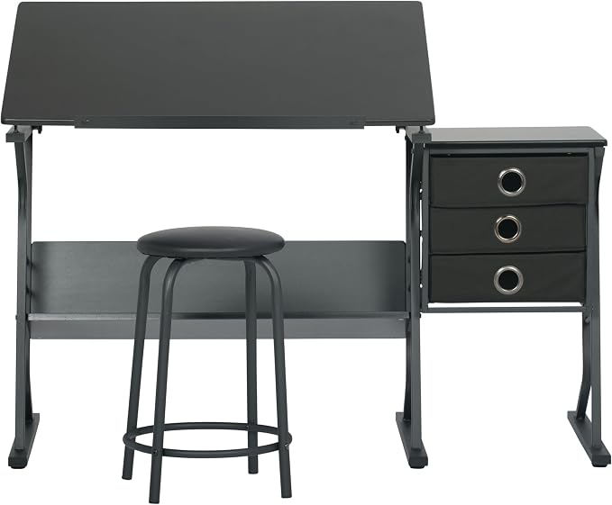 2 Piece Eclipse Ultra Center/Drawing Table with Stool, Angle Adjustable Top, Storage Shelves, and Drawers
