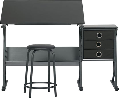 2 Piece Eclipse Ultra Center/Drawing Table with Stool, Angle Adjustable Top, Storage Shelves, and Drawers