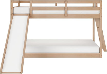 Grain & Grove Bear Twin Over Twin Bunk Bed with Slide, Low Bunk Bed Frame for Kids, Bunk with Ladder, Guardrail, and Slats, No Box Spring Required, Oak Embossed Natural