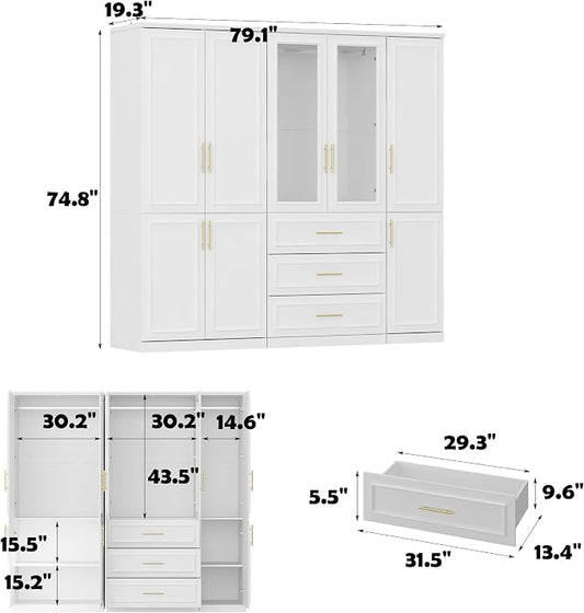 FUFU&GAGA Wardrobe Closet Collection with Doors, Modern White Bedroom Armoire System with Gold Handles, Modern Clothes Storage Cabinet with Drawers, Shelves, Hanging Rods, 79.1”W x 19.3”D x 74.8”H