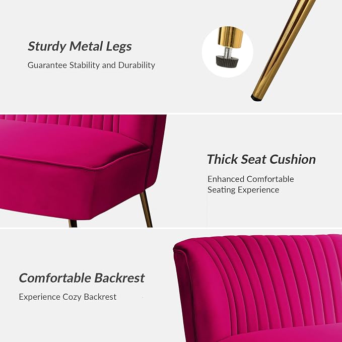 TINA'S HOME Contemporary Velvet Loveseat Sofa, Upholstered Loveseat Couch with Golden Metal Legs, Small Tufted 2-Seat Sofa Armless Love Seat for Living Room, Bedroom, Apartment Small Spaces, Fuchsia