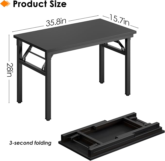 Need 35.8 Inch Folding Desk for Small Spaces, Home Office Computer Desk with Wood Top & Black Frame, Foldable Writing Table for Study, Bedroom, Dorm Room & Student, Black