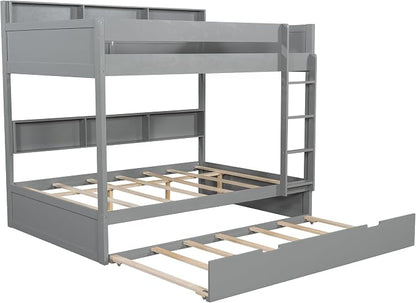 Harper & Bright Designs Rustic Wood Bunk Bed with Pull-Out Trundle, Full Over Full Wooden Bunk Bed with Large Cabinet Beside Upper and Down Bed, Gray