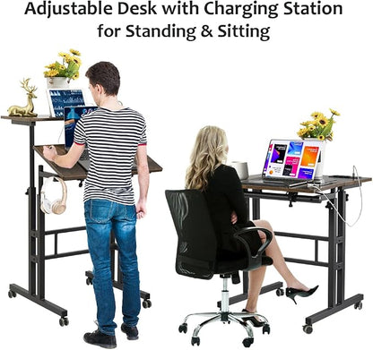 Hadulcet Mobile Standing Desk with Wheels, Rolling Desk Adjustable Height, Portable Laptop Table with Charging Station, Sit Stand up for Home Office, Study, Classroom, Rustic Brown