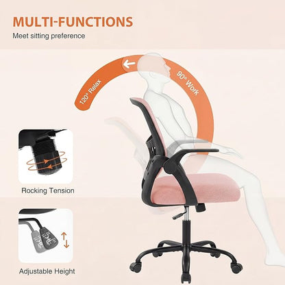 Sweetcrispy Home Office Managerial Executive Chair, Flip Up Armrest Ergonomic Mesh Adjustable Swivel Mid-Back Computer Desk Chair with Comfortable Lumbar Support, Comfy Arms for Bedroom,Blak&Pink
