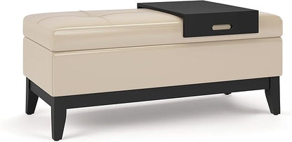 SIMPLIHOME Oregon Storage Ottoman Bench with Tray - 42 inch Wide Upholstered Vegan Leather Rectangle Storage Ottoman Bench in Satin Cream, Transitional Tufted Ottoman for Living Room with Lift-Up Lid