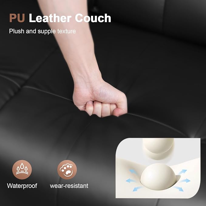 Reclining Couch, 113" PU Leather Sofa Recliner with Massage - 4 Seat Home Theater Seating Comfy Soft, Manual Wall Hugger Reclining with Lumbar Support Sofa Set for Family Living Room, Black