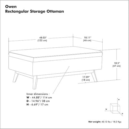 SIMPLIHOME Owen Rectangular Storage Ottoman - 48 inch Wide Upholstered Vegan Leather Lift-Top Ottoman in Distressed Grey Taupe, Mid-Century Modern Ottoman for Living Room with Tufted Detail