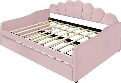 Ball & Cast Full Size Daybed with Trundle,Velvet Upholstered Day Bed Frame Full with Shall Shaped Backrest and Wood Slat Support,No Box Spring Needed,Pink