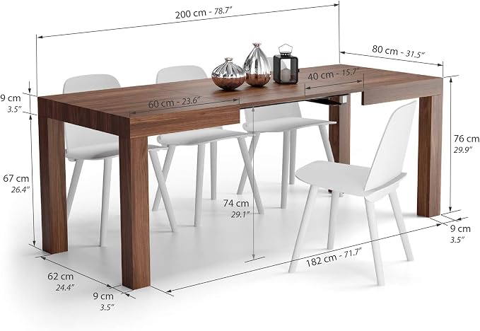 Mobili Fiver, First Extendable Table, 47.2(78.7) x31.5 in,Walnut, for 6-8 People, Expandable Dining Table for Kitchen, Living Room, Italian Furniture