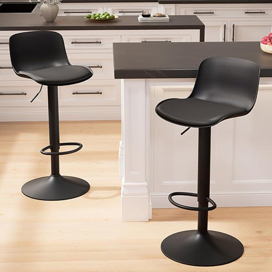 Kidol & Shellder Bar Stools Set of 2 Black Adjustable Swivel Counter Height Stools, Modern PU Leather Upholstered with Backs Barstools for Kitchen Island